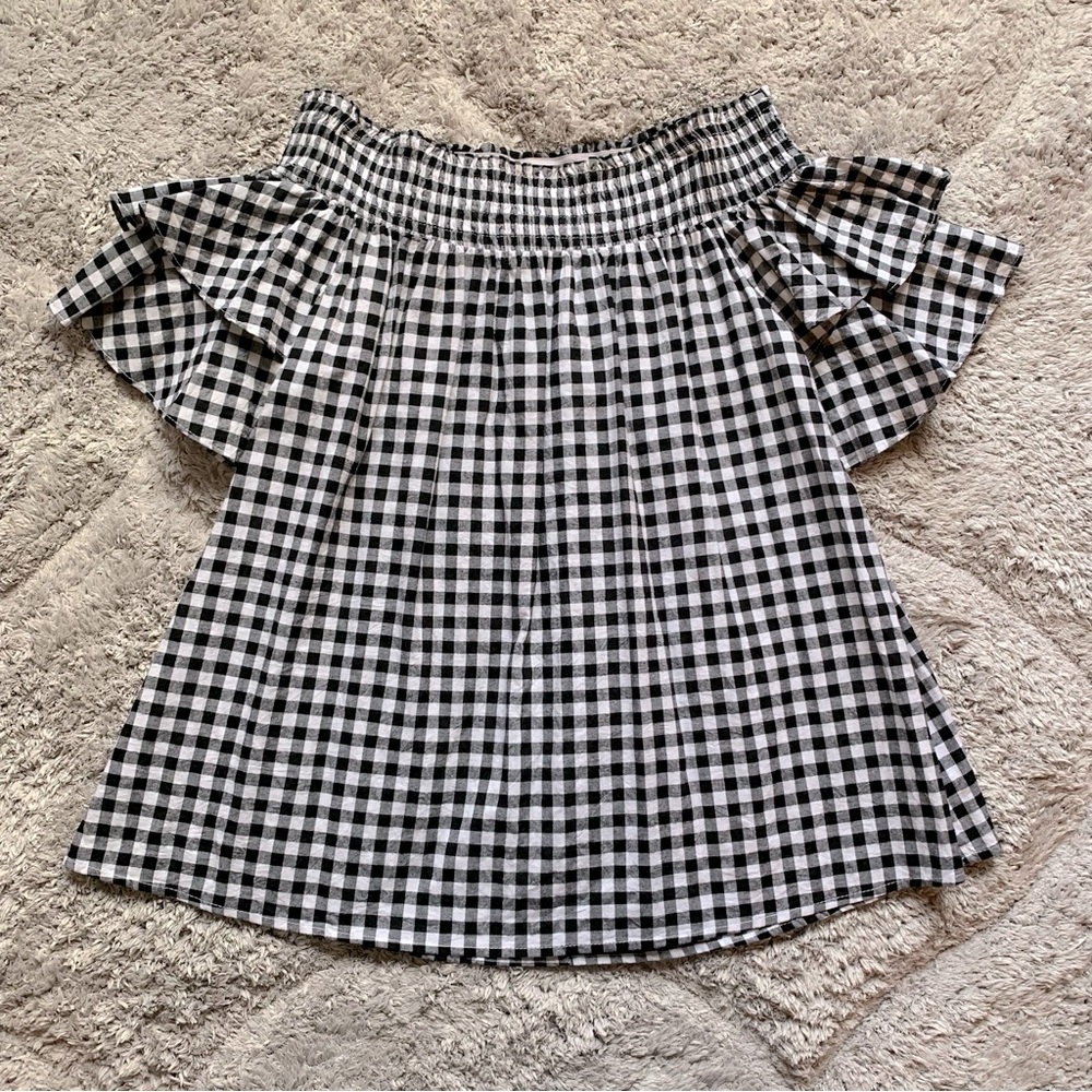 Off-the-Shoulder Smocked Black & White Gingham Top